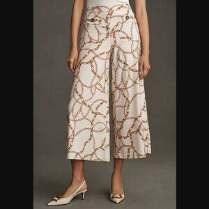 Anthropologie Maeve Linen Wide Leg Crop Palazzo Pant Chain Print Ivory EUC - 6